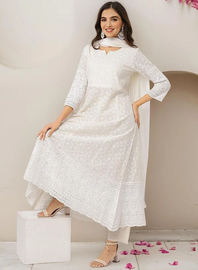 آي شين Women's Off White 100% Cotton Embellished Tunic Full Length Casual Straight Fit Kurta Set